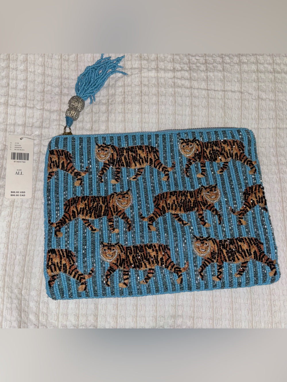 NWT retail $88 size ALL #Anthropologie “Beaded Tiger Print Zip Pouch in Turquois